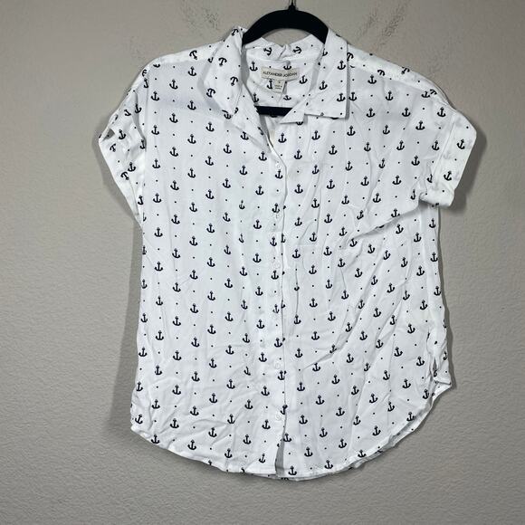 Alexander Jordan Womens Small Anchor Print Shirt White Navy Rayon Short Sleeves - Picture 1 of 7
